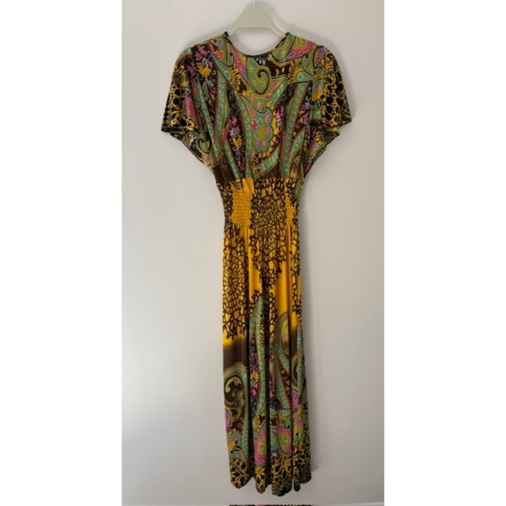 Liang E Liang Ying Yellow Paisley Leopard Print Smocked Waist Boho Maxi Dress - Picture 3 of 4